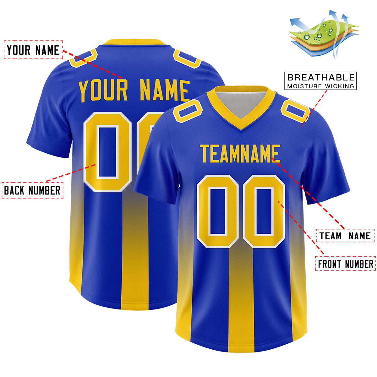 Custom Royal Yellow Vertical Width Stripe Gradient Fashion Personalized Team Football Jersey