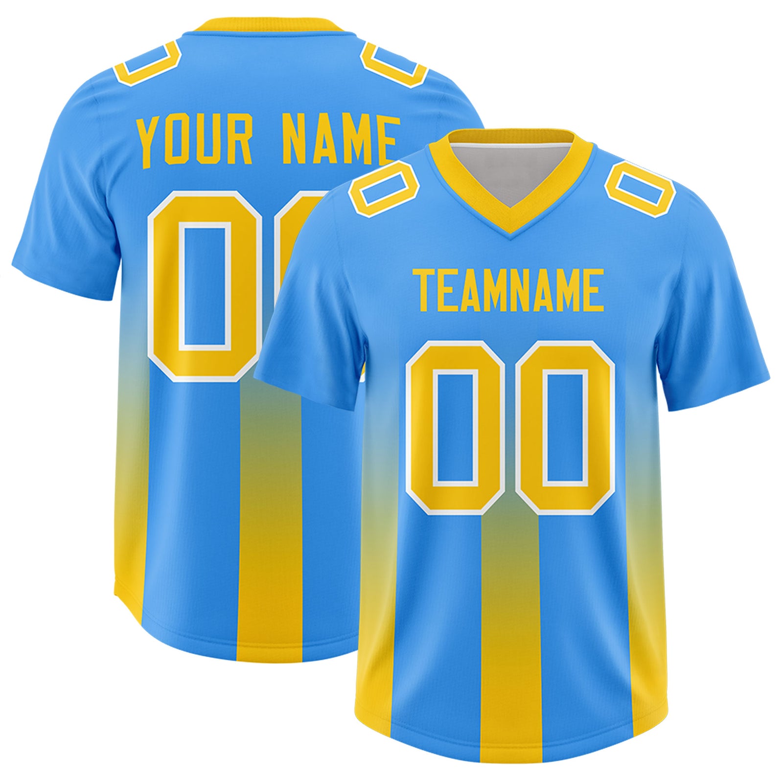 Custom Light Blue Yellow Vertical Width Stripe Gradient Fashion Personalized Team Football Jersey