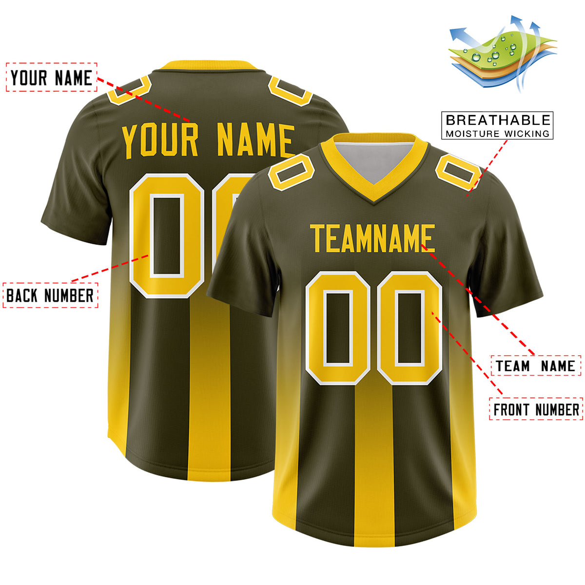 Custom Olive Yellow Vertical Width Stripe Gradient Fashion Personalized Team Football Jersey