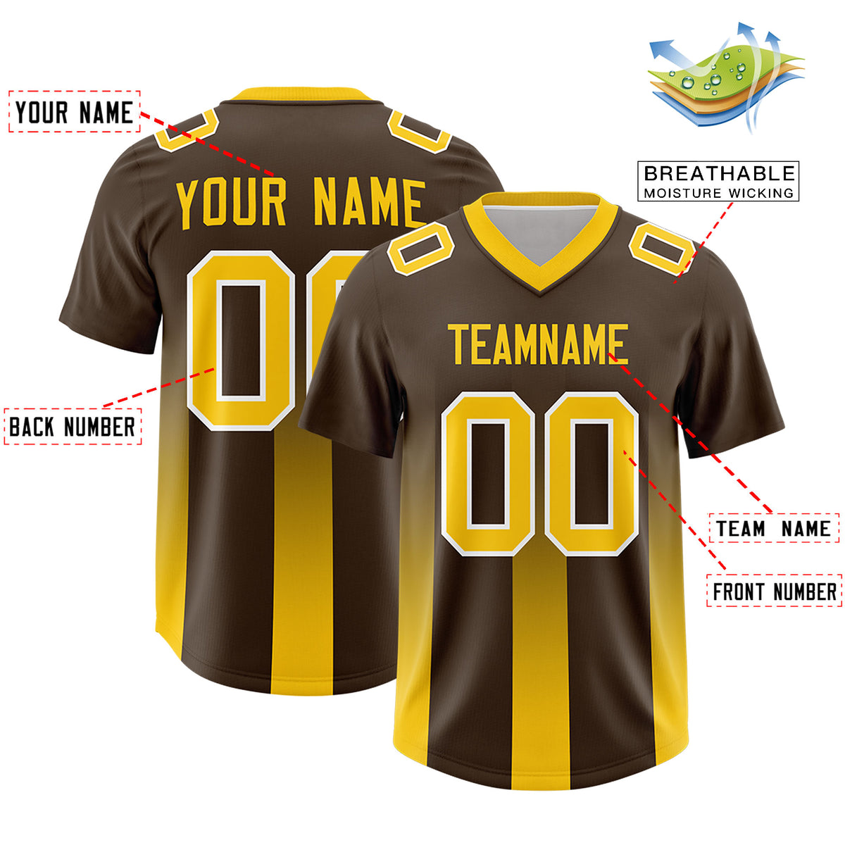 Custom Brown Yellow Vertical Width Stripe Gradient Fashion Personalized Team Football Jersey