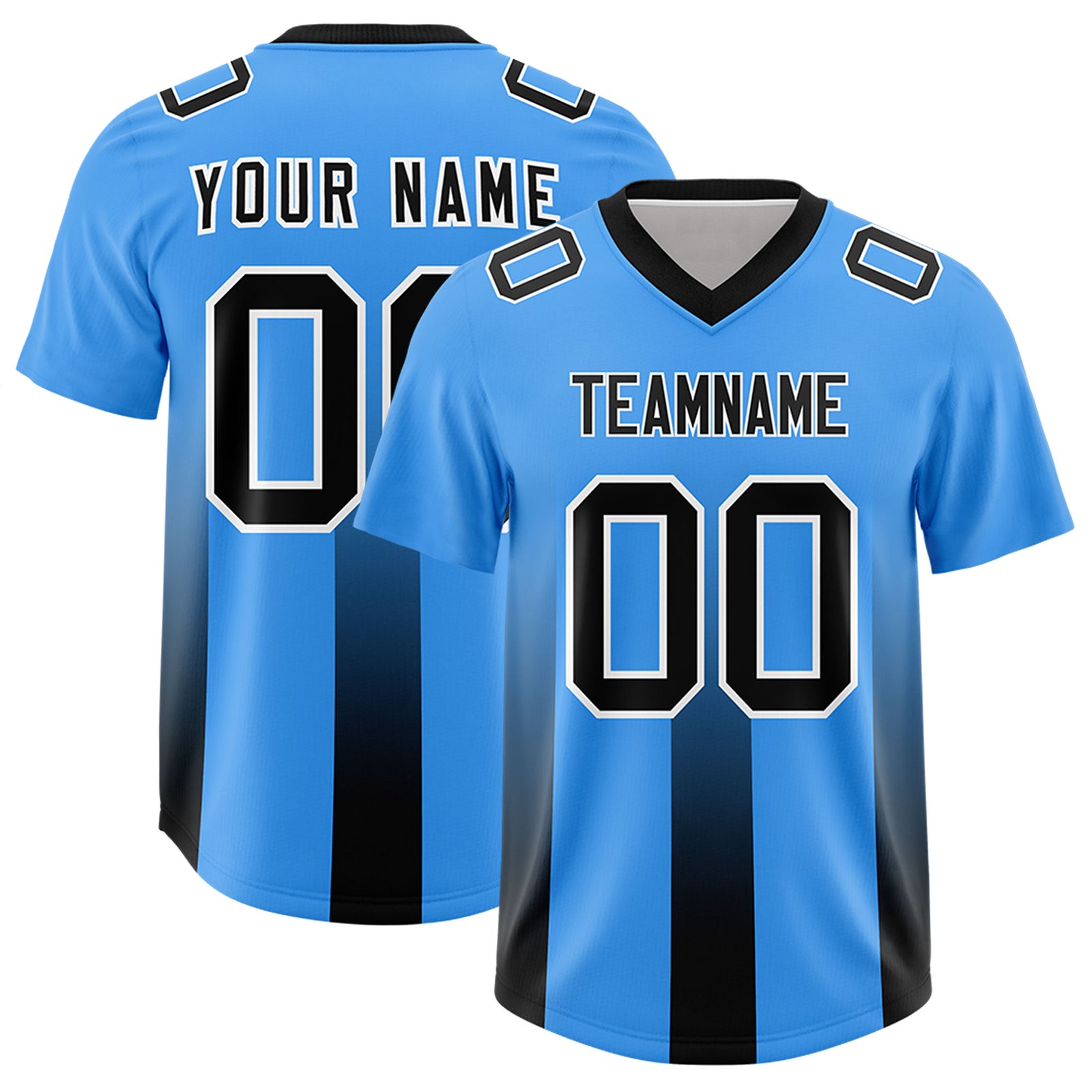 Custom Light Blue Black Vertical Width Stripe Gradient Fashion Personalized Team Football Jersey