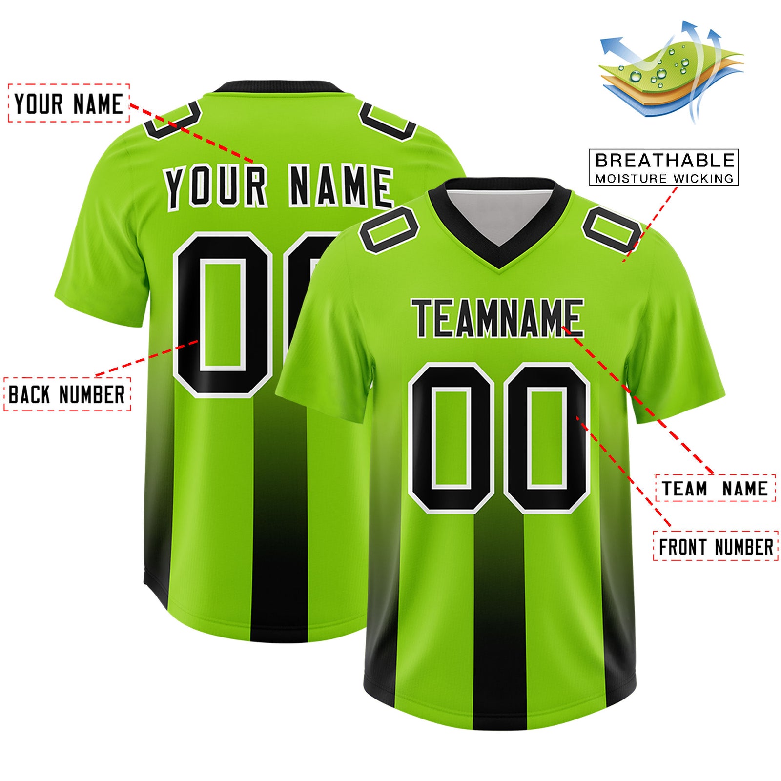 Custom Neon Green Black Vertical Width Stripe Gradient Fashion Personalized Team Football Jersey