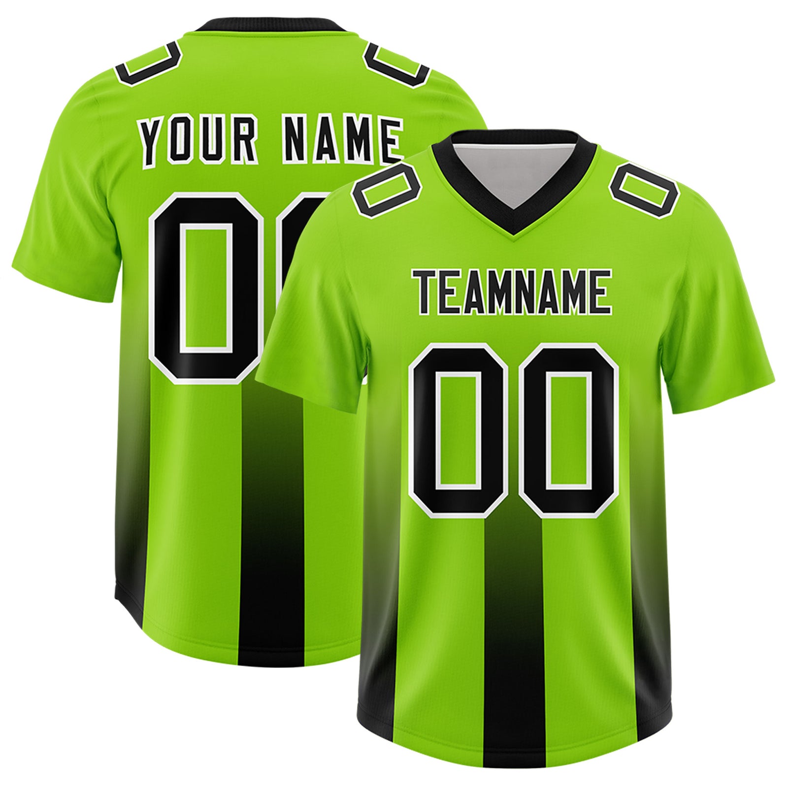 Custom Neon Green Black Vertical Width Stripe Gradient Fashion Personalized Team Football Jersey
