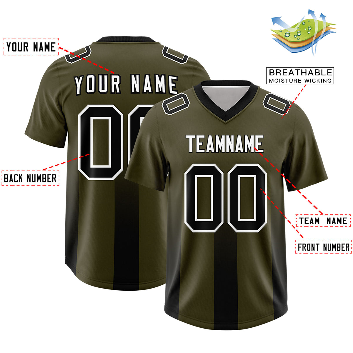 Custom Olive Black Vertical Width Stripe Gradient Fashion Personalized Team Football Jersey