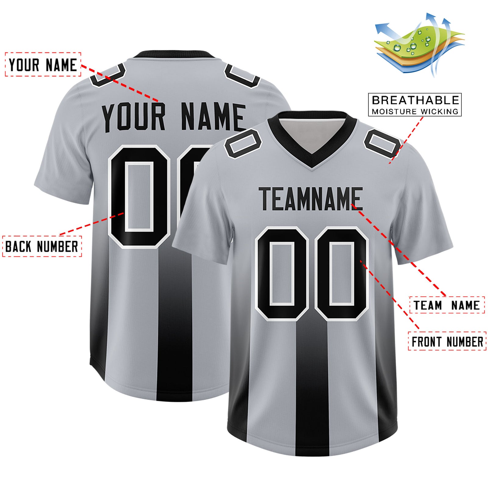 Custom Gray Black Vertical Width Stripe Gradient Fashion Personalized Team Football Jersey