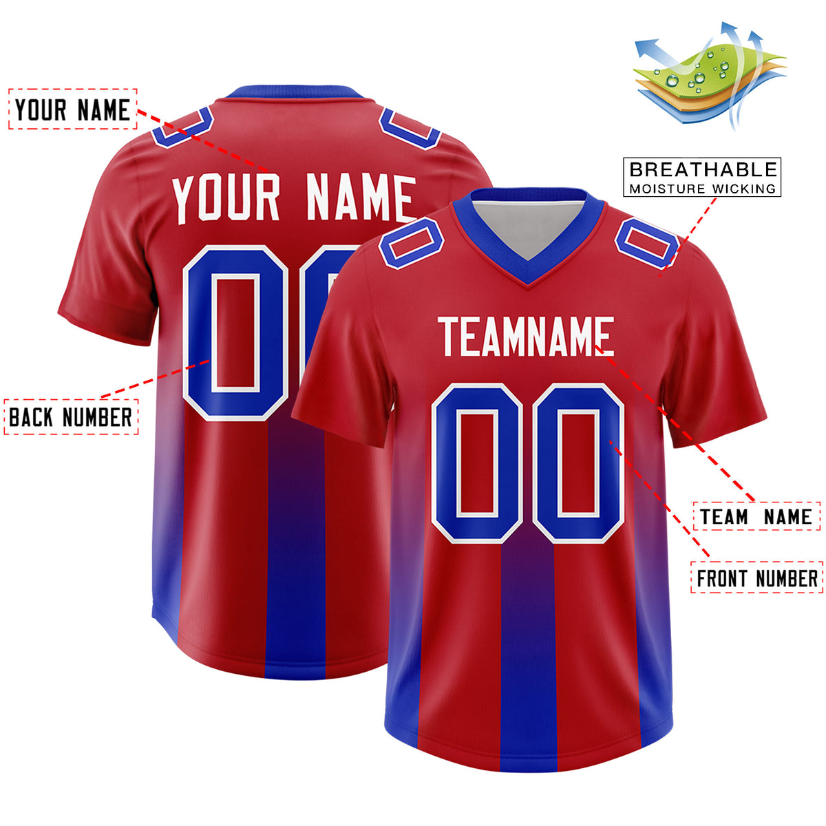 Custom Red Royal Vertical Width Stripe Gradient Fashion Personalized Team Football Jersey