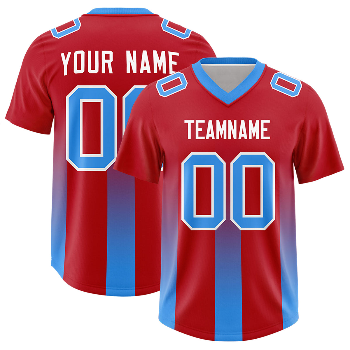 Custom Red Light Blue Vertical Width Stripe Gradient Fashion Personalized Team Football Jersey