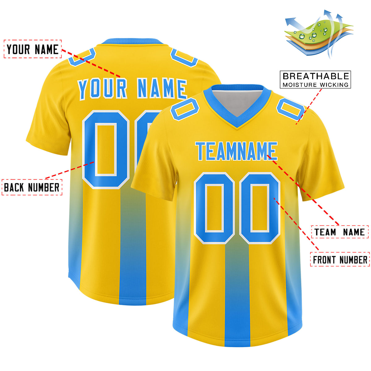 Custom Yellow Light Blue Vertical Width Stripe Gradient Fashion Personalized Team Football Jersey