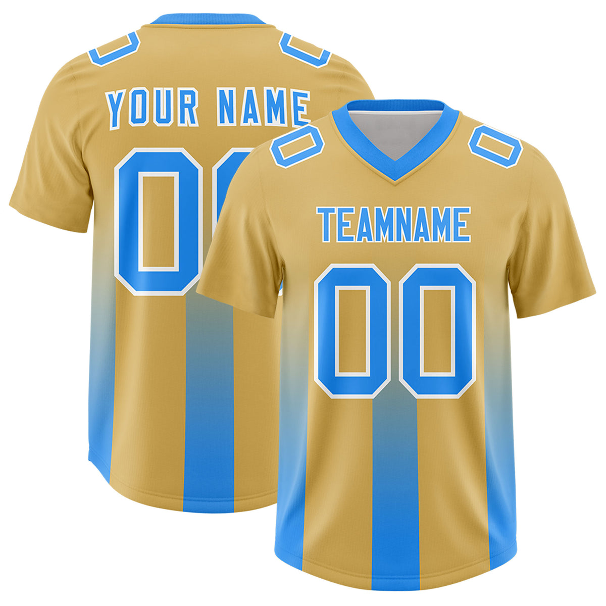 Custom Khaki Light Blue Vertical Width Stripe Gradient Fashion Personalized Team Football Jersey