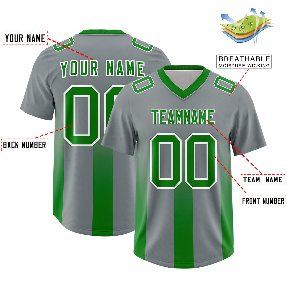 Custom Dark Gray Kelly Green Vertical Width Stripe Gradient Fashion Personalized Team Football Jersey