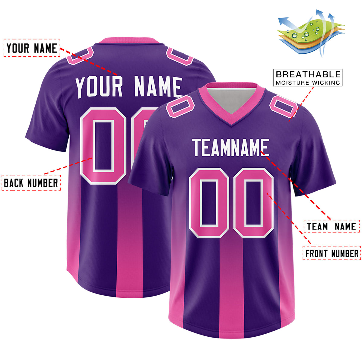 Custom Purple Pink Vertical Width Stripe Gradient Fashion Personalized Team Football Jersey