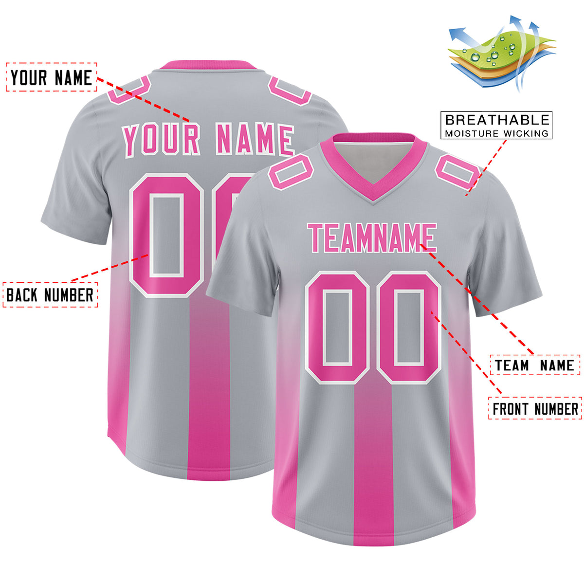 Custom Gray Pink Vertical Width Stripe Gradient Fashion Personalized Team Football Jersey
