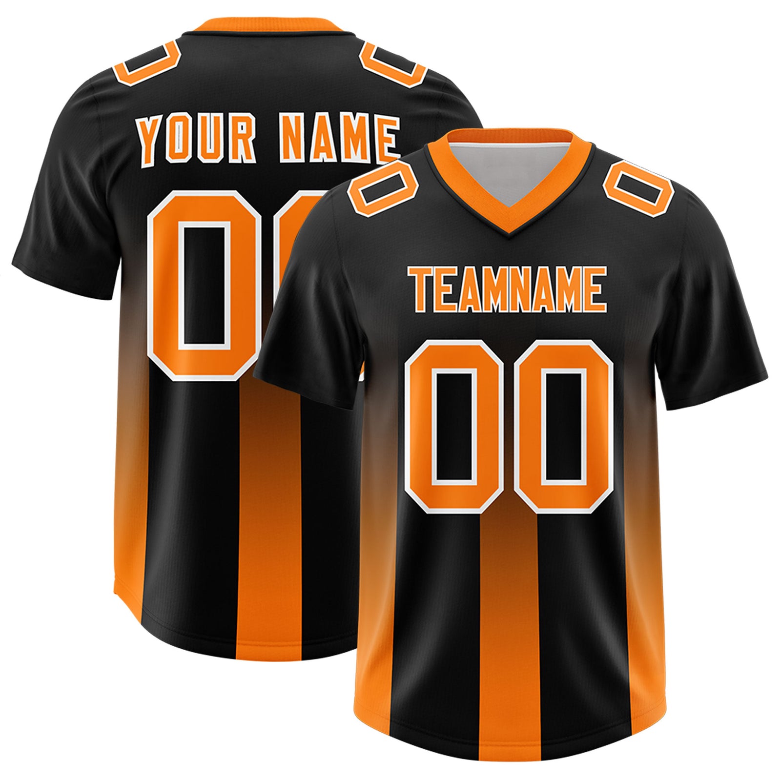 Custom Black Orange Vertical Width Stripe Gradient Fashion Personalized Team Football Jersey