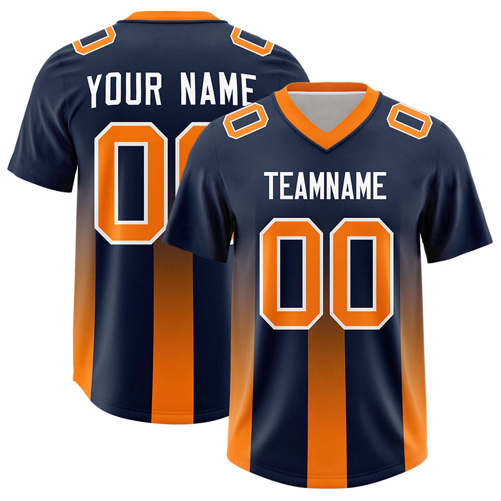 Custom Navy Orange Vertical Width Stripe Gradient Fashion Personalized Team Football Jersey