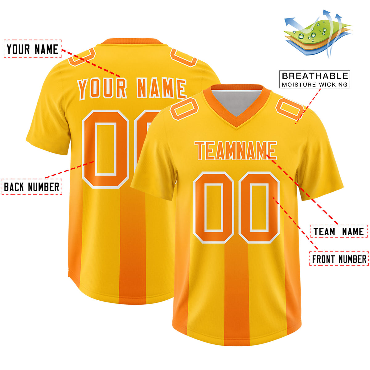Custom Yellow Orange Vertical Width Stripe Gradient Fashion Personalized Team Football Jersey