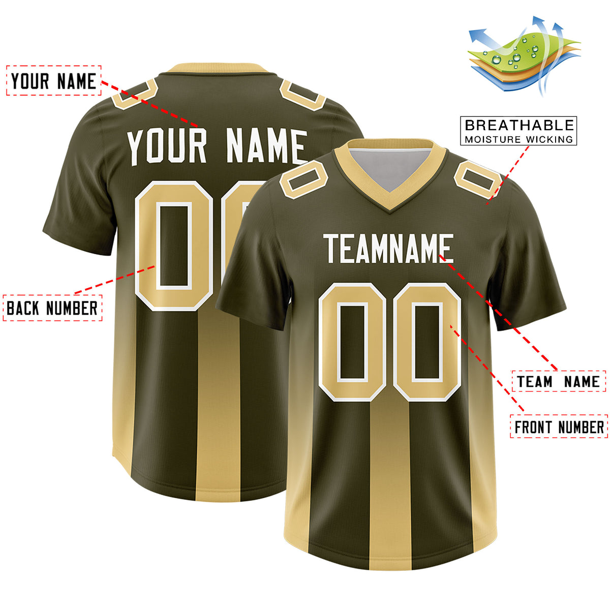 Custom Olive Khaki Vertical Width Stripe Gradient Fashion Personalized Team Football Jersey