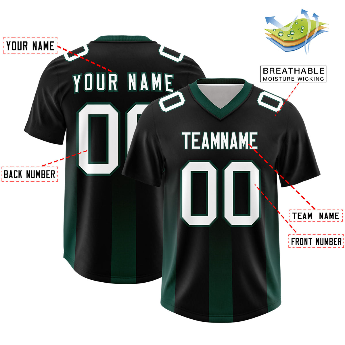 Custom Black Midnight Green Vertical Width Stripe Gradient Fashion Personalized Team Football Jersey