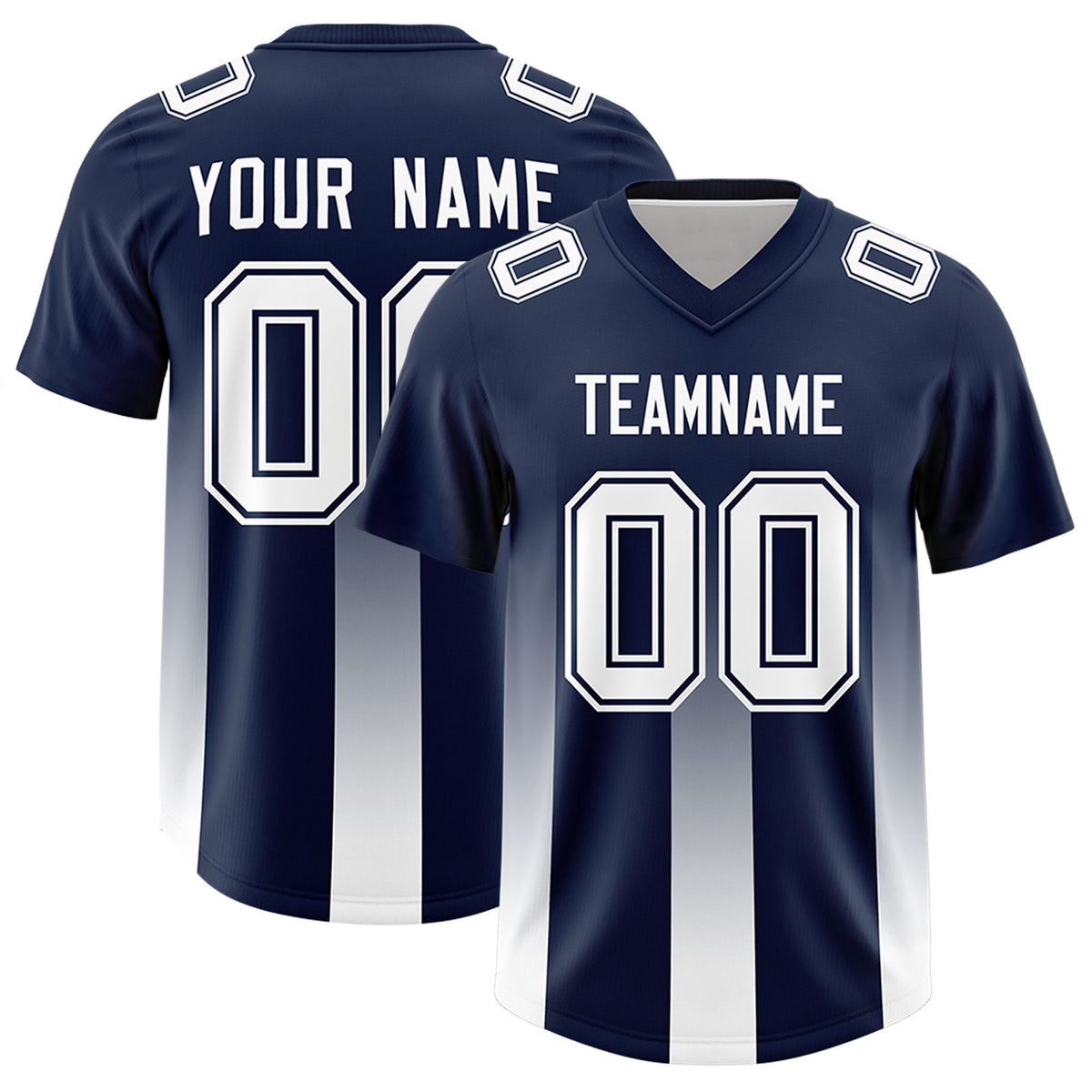 Custom Navy White Vertical Width Stripe Gradient Fashion Personalized Team Football Jersey