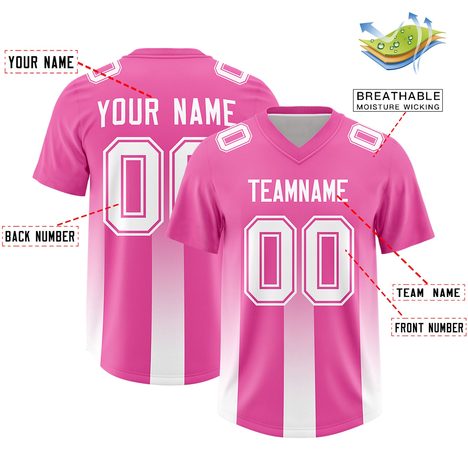 Custom Pink White Vertical Width Stripe Gradient Fashion Personalized Team Football Jersey