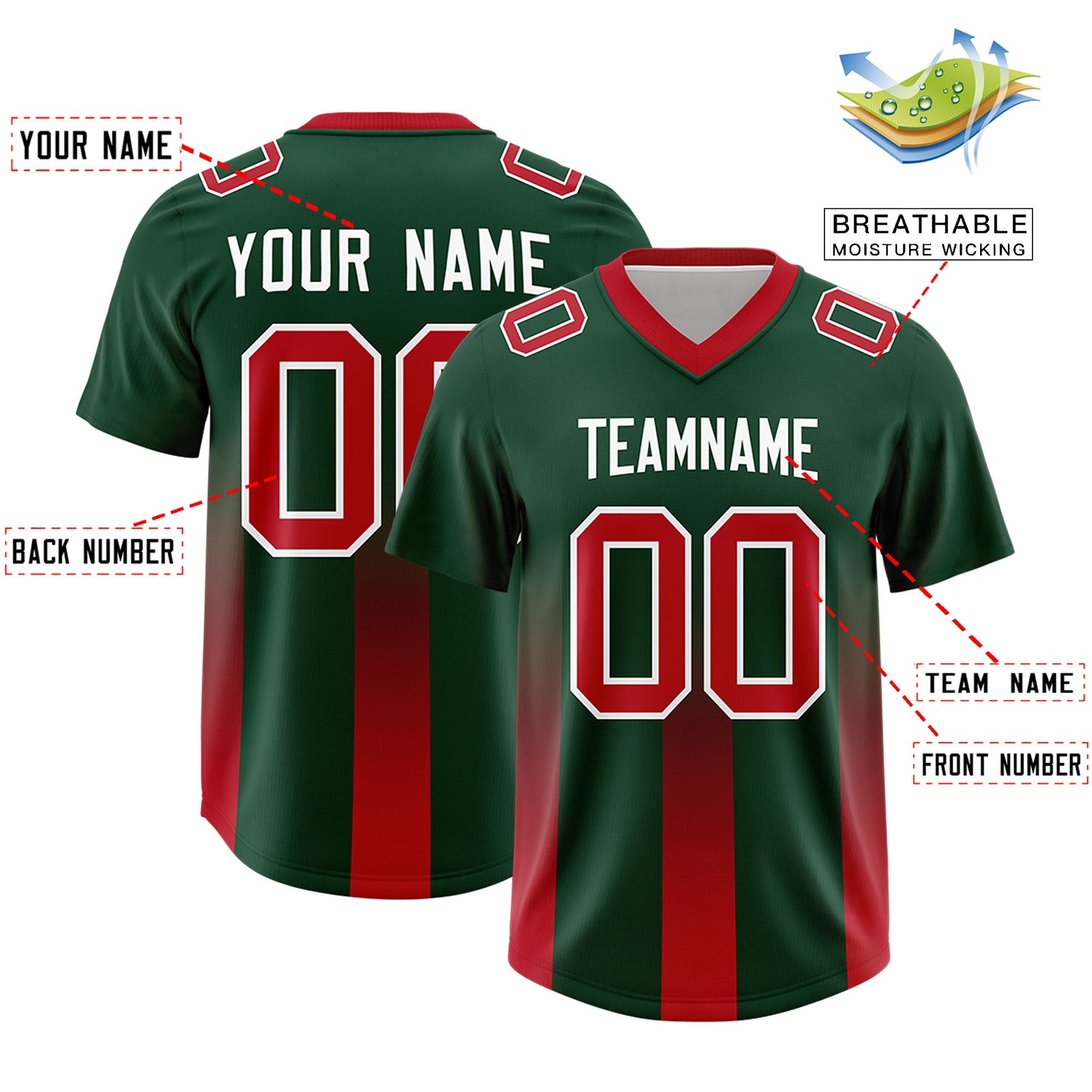 Custom Green Red Vertical Width Stripe Gradient Fashion Personalized Team Football Jersey