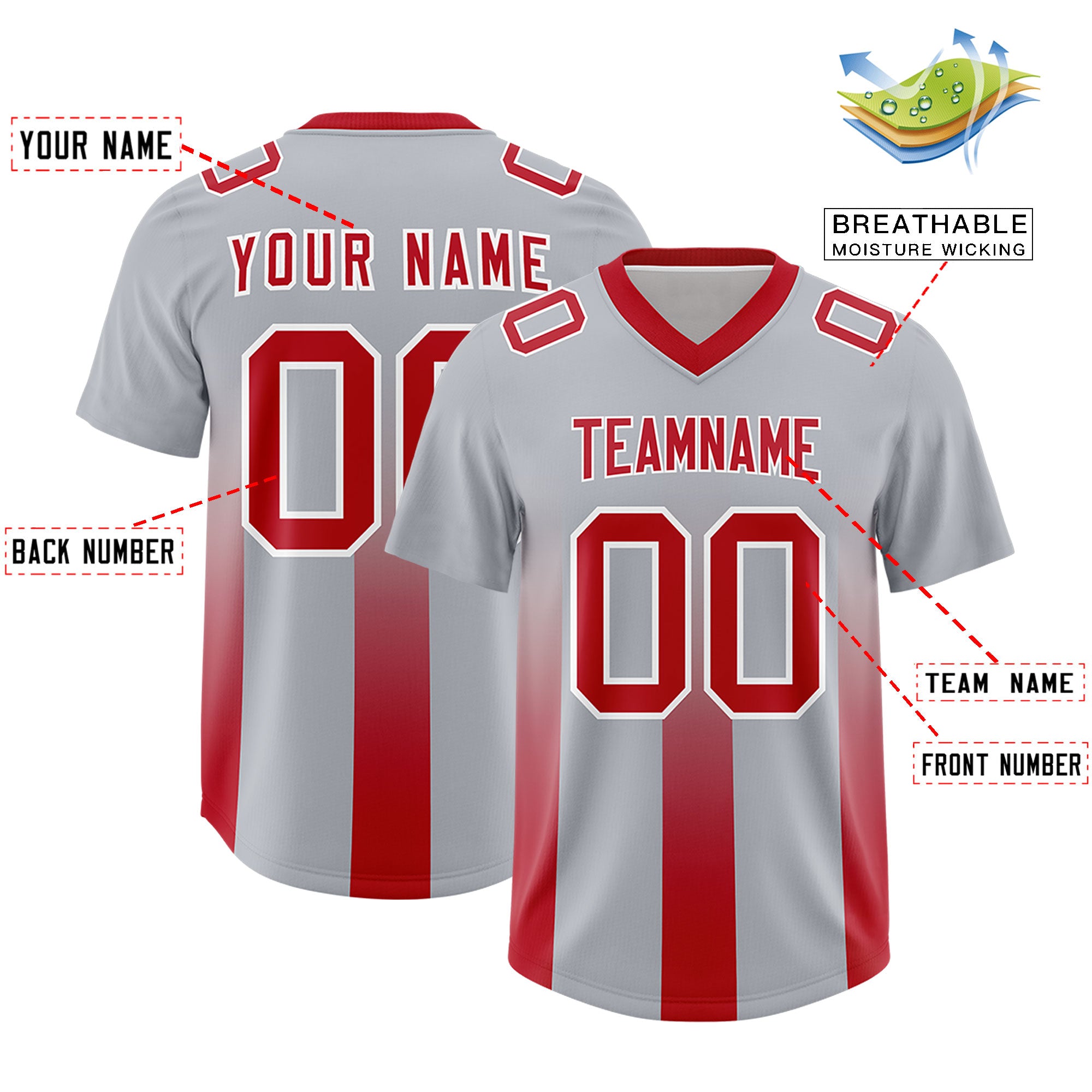 Custom Gray Red Vertical Width Stripe Gradient Fashion Personalized Team Football Jersey