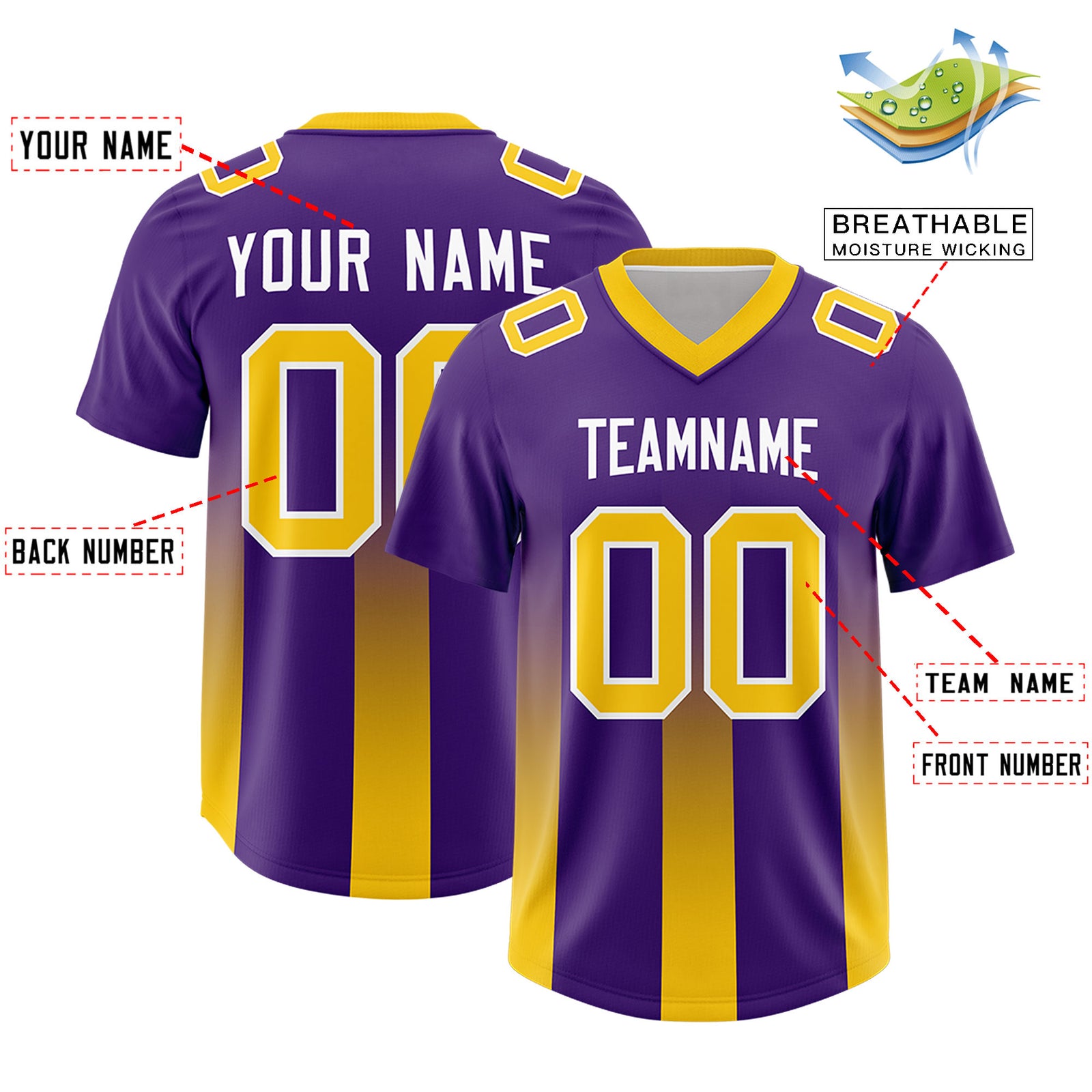 Custom Purple Yellow Vertical Width Stripe Gradient Fashion Personalized Team Football Jersey