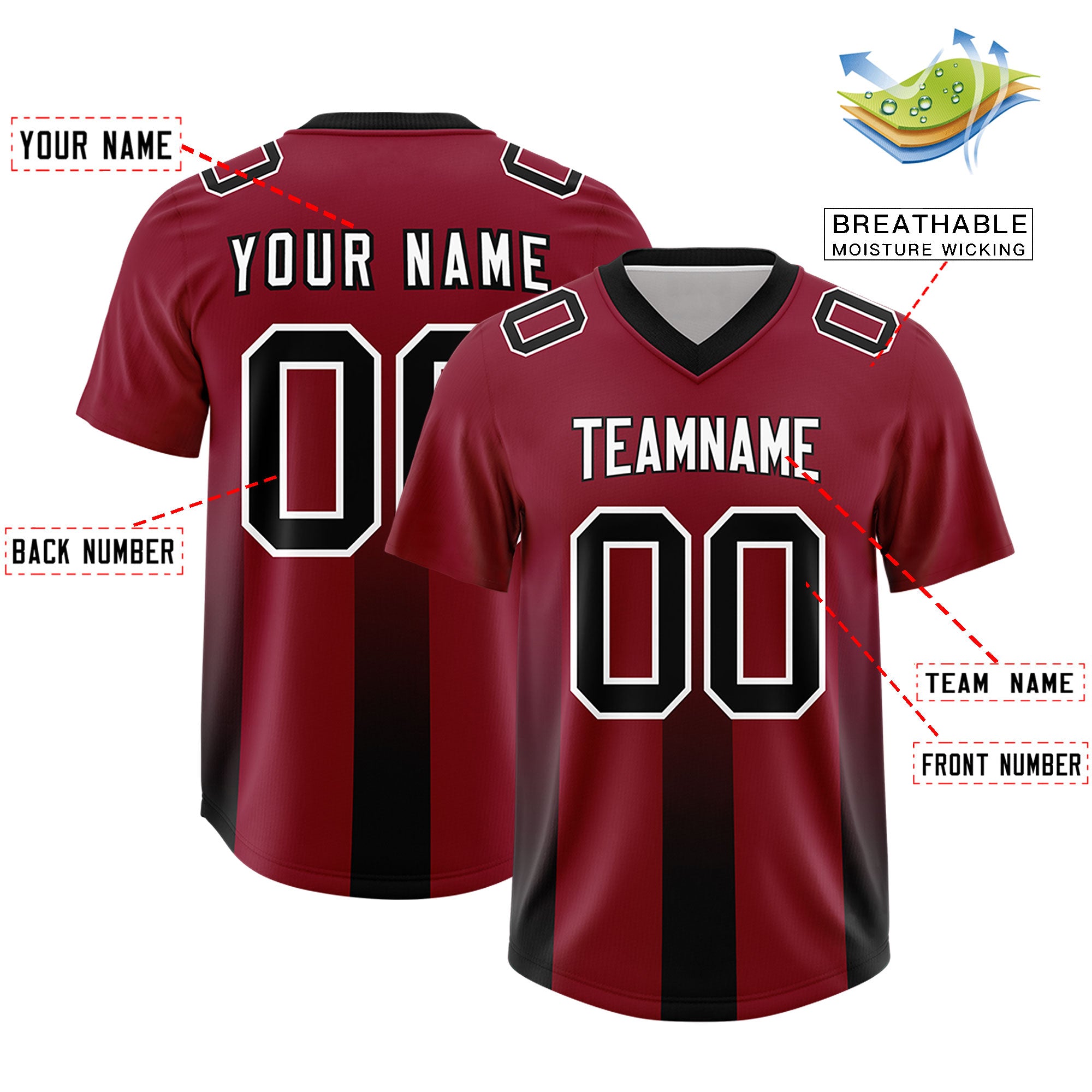 Custom Cardinal Black Vertical Width Stripe Gradient Fashion Personalized Team Football Jersey