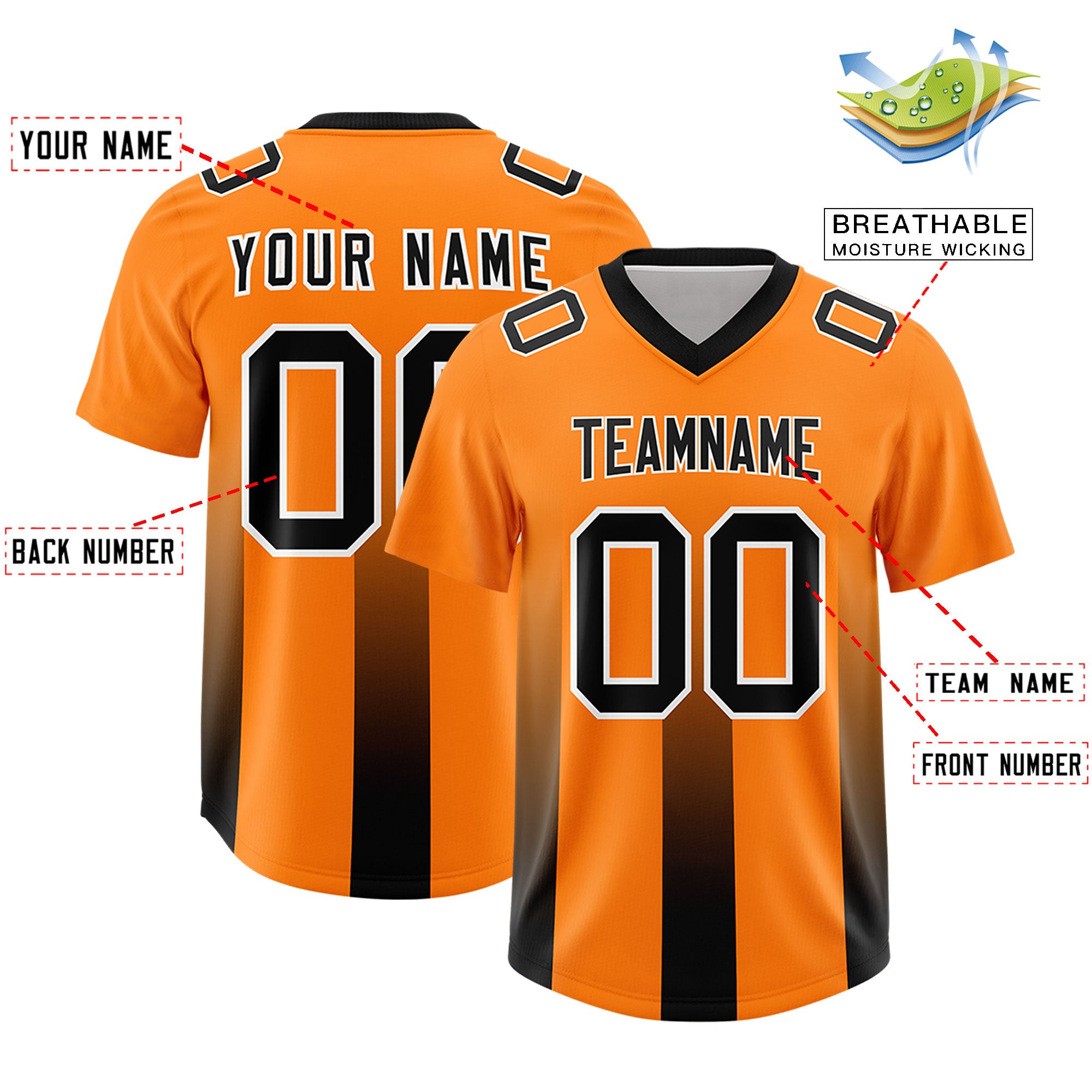Custom Orange Black Vertical Width Stripe Gradient Fashion Personalized Team Football Jersey