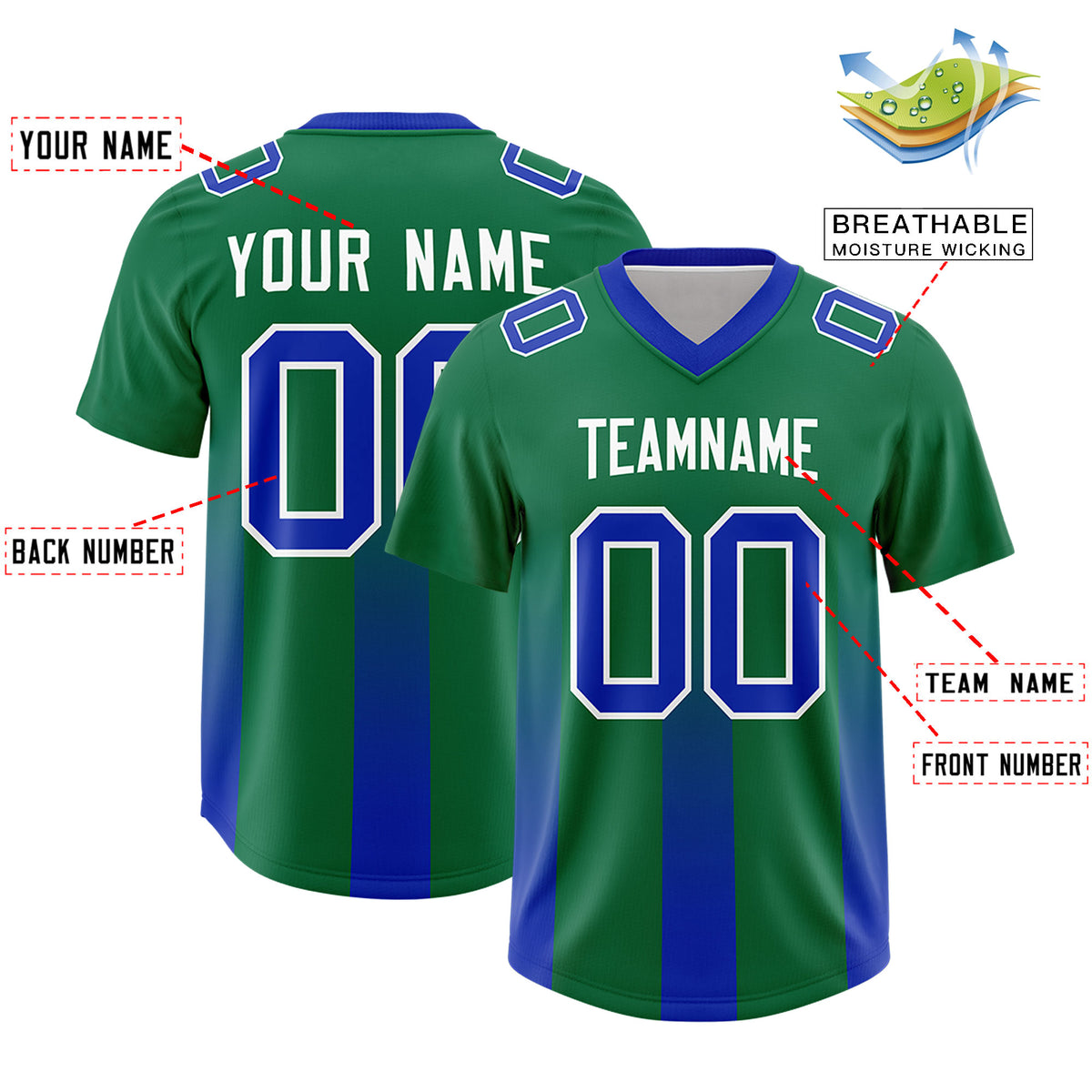 Custom Kelly Green Royal Vertical Width Stripe Gradient Fashion Personalized Team Football Jersey