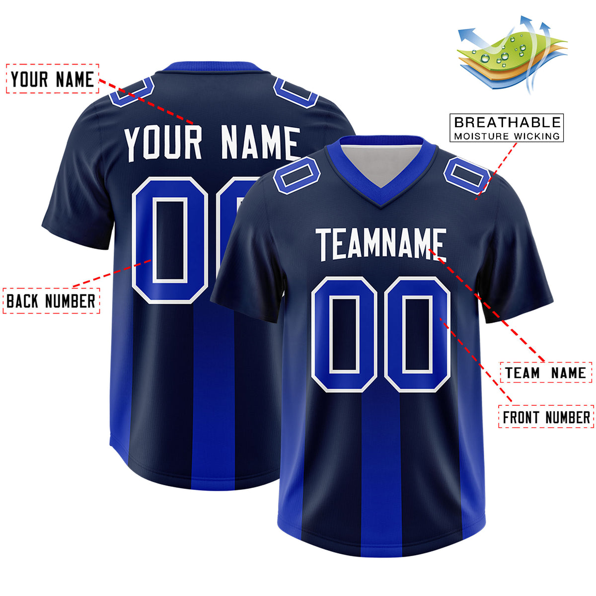 Custom Navy Royal Vertical Width Stripe Gradient Fashion Personalized Team Football Jersey