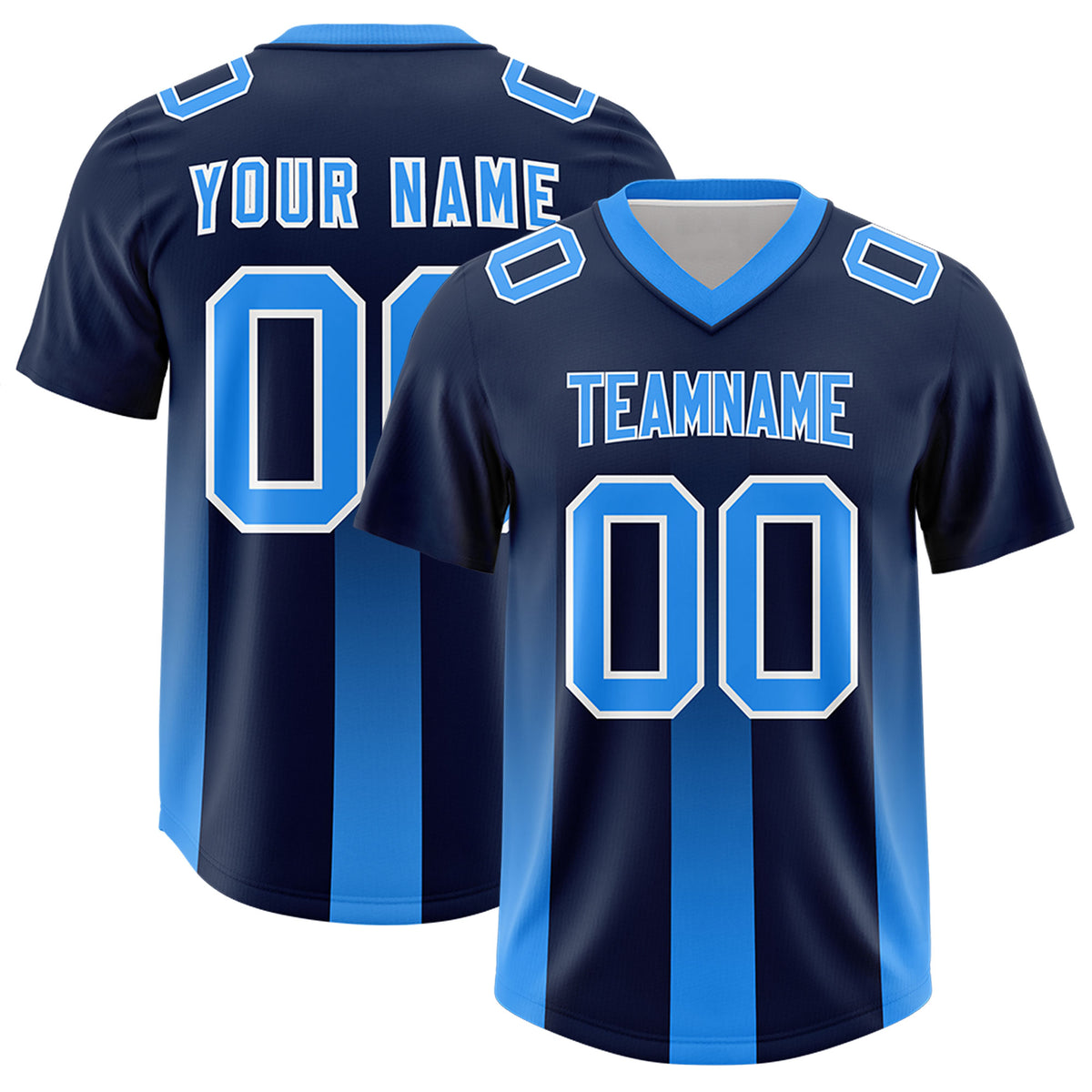 Custom Navy Light Blue Vertical Width Stripe Gradient Fashion Personalized Team Football Jersey
