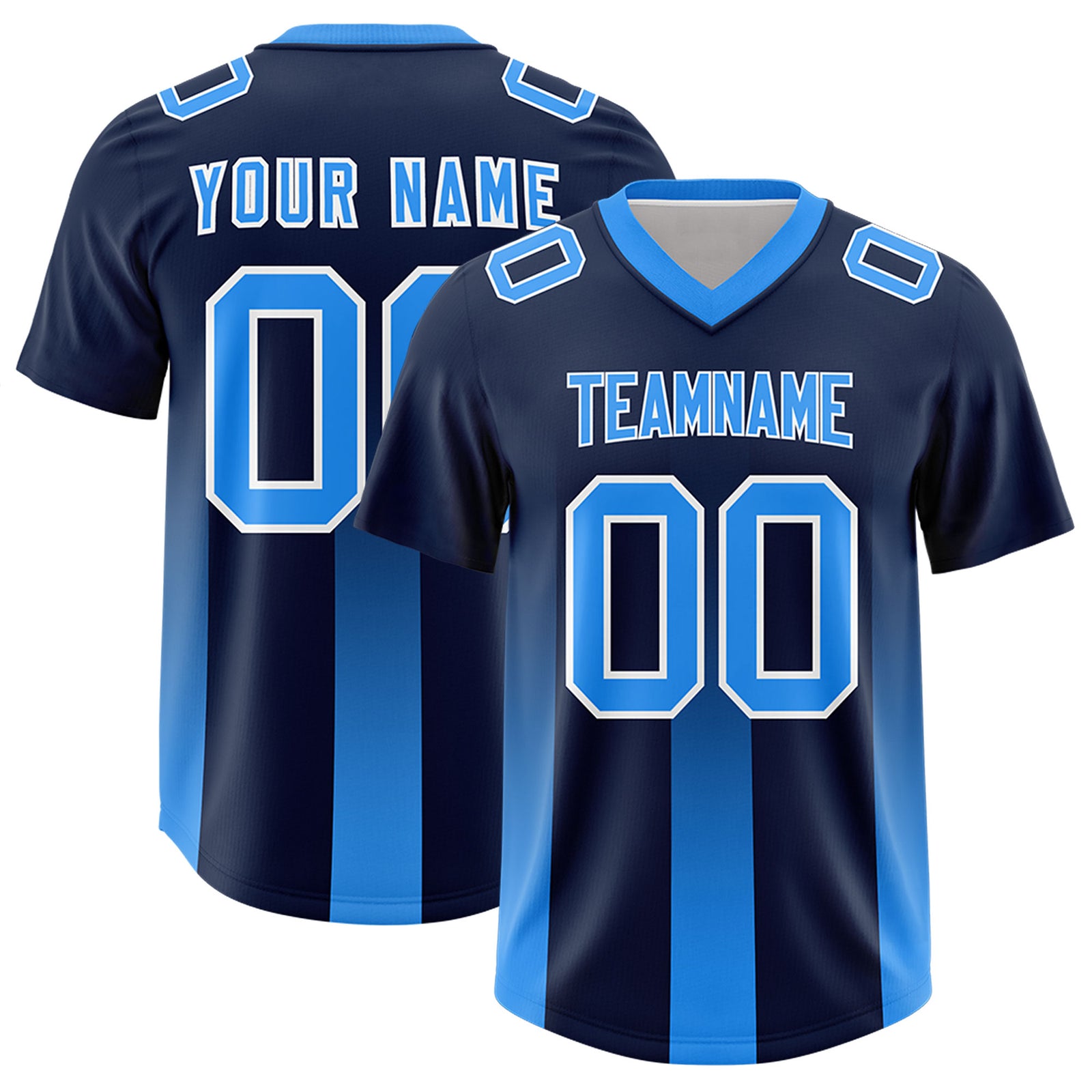 Custom Navy Light Blue Vertical Width Stripe Gradient Fashion Personalized Team Football Jersey