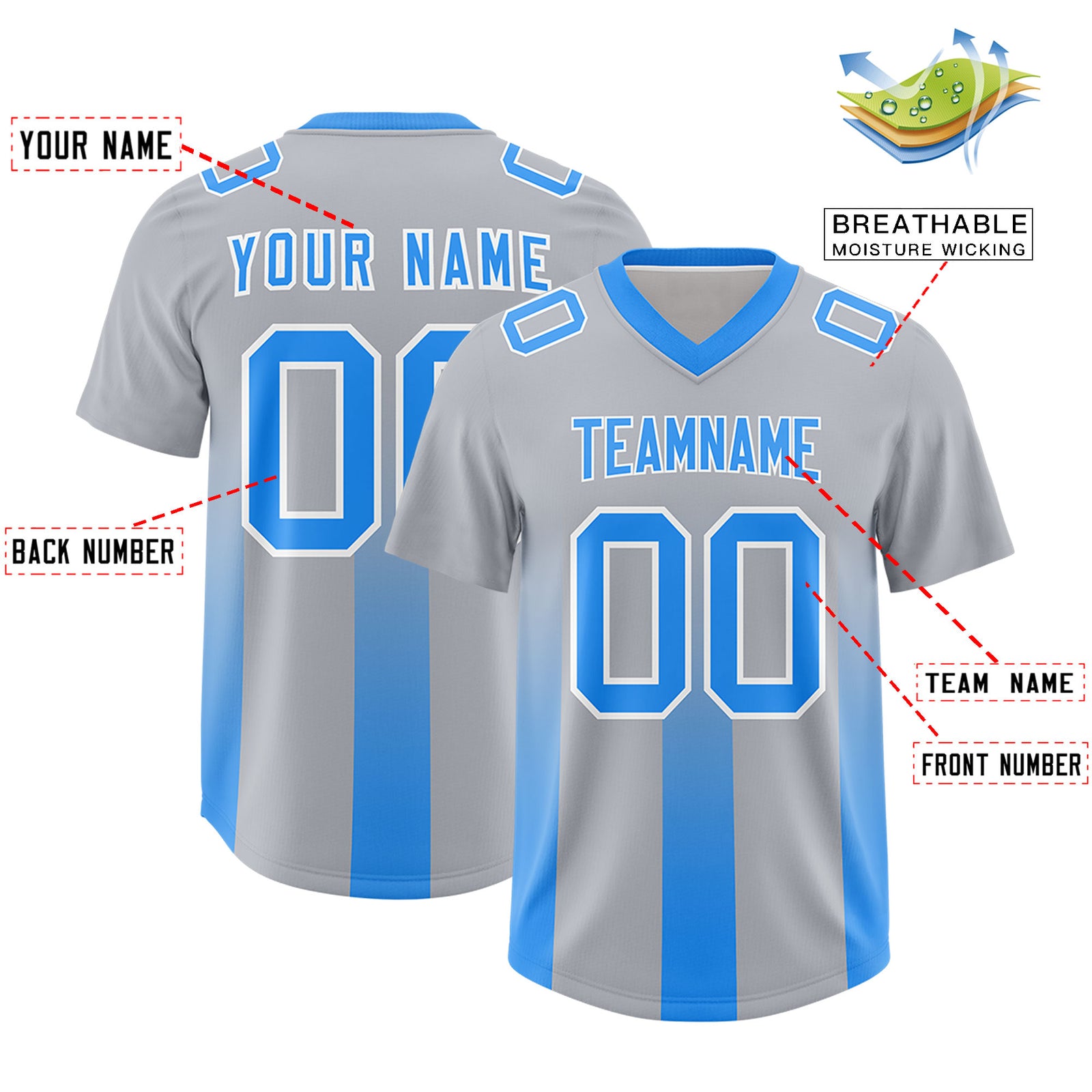 Custom Gray Light Blue Vertical Width Stripe Gradient Fashion Personalized Team Football Jersey