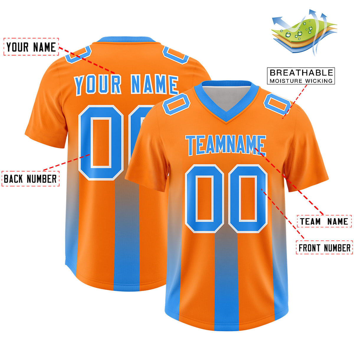 Custom Orange Light Blue Vertical Width Stripe Gradient Fashion Personalized Team Football Jersey