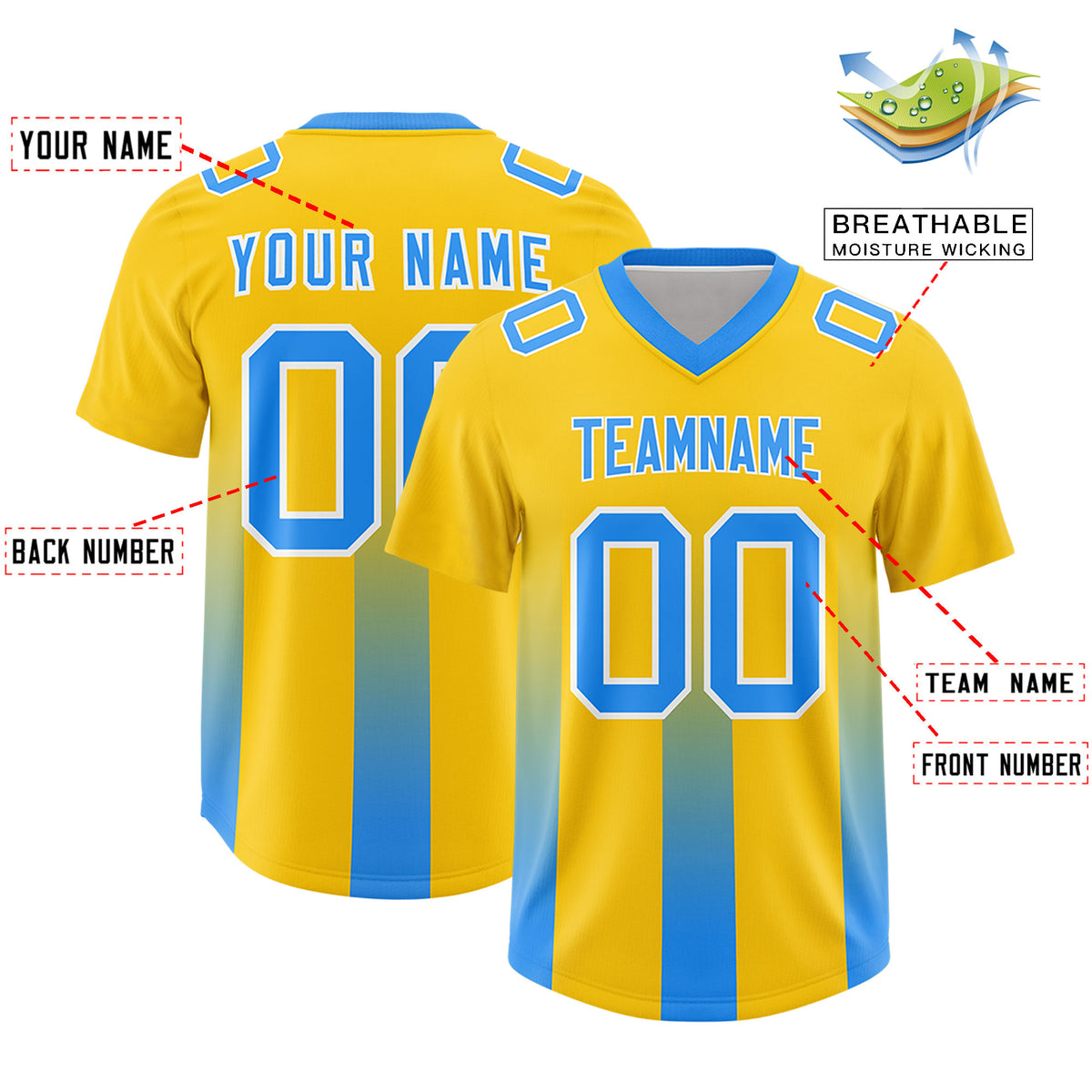 Custom Yellow Light Blue Vertical Width Stripe Gradient Fashion Personalized Team Football Jersey