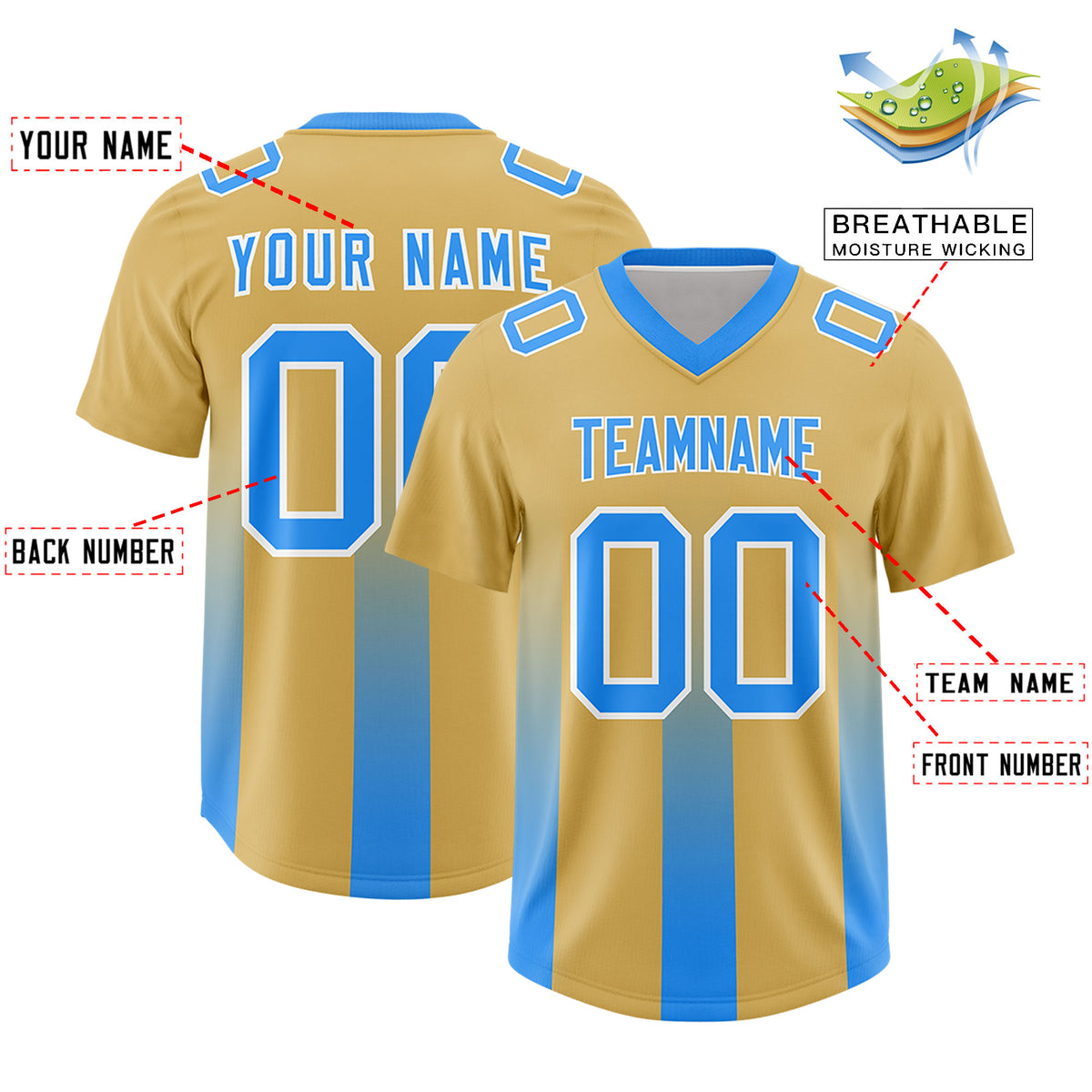 Custom Khaki Light Blue Vertical Width Stripe Gradient Fashion Personalized Team Football Jersey