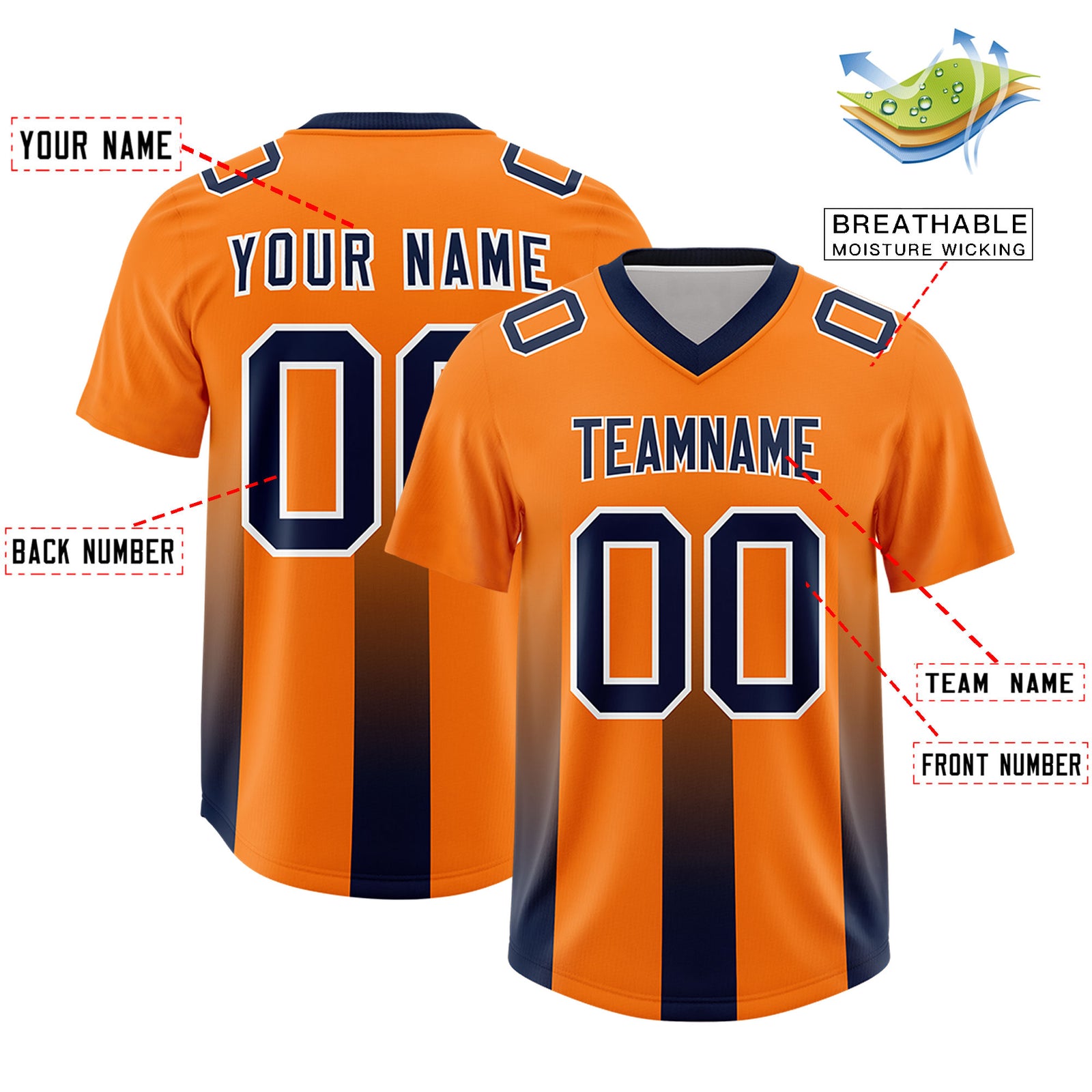 Custom Orange Navy Vertical Width Stripe Gradient Fashion Personalized Team Football Jersey