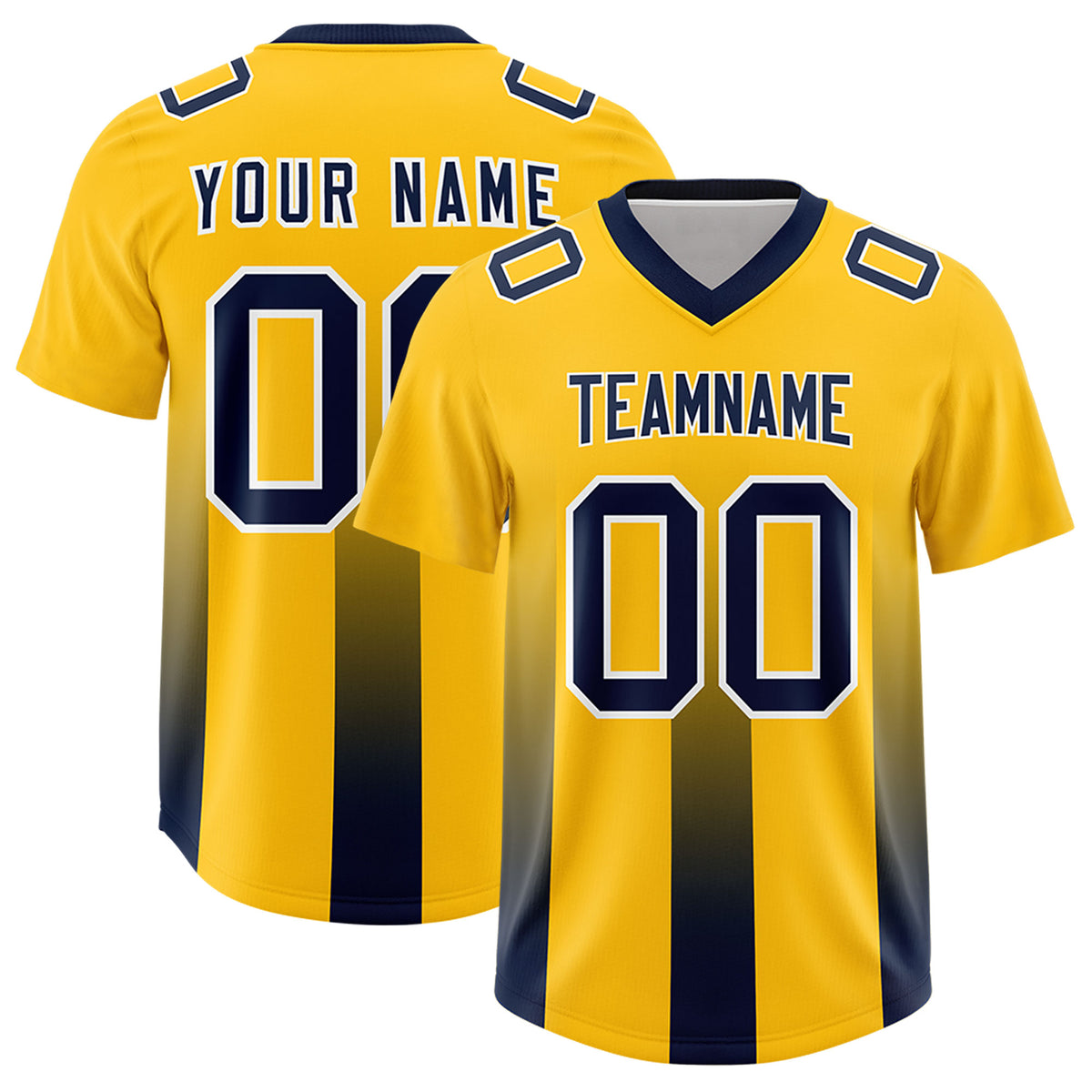 Custom Yellow Navy Vertical Width Stripe Gradient Fashion Personalized Team Football Jersey