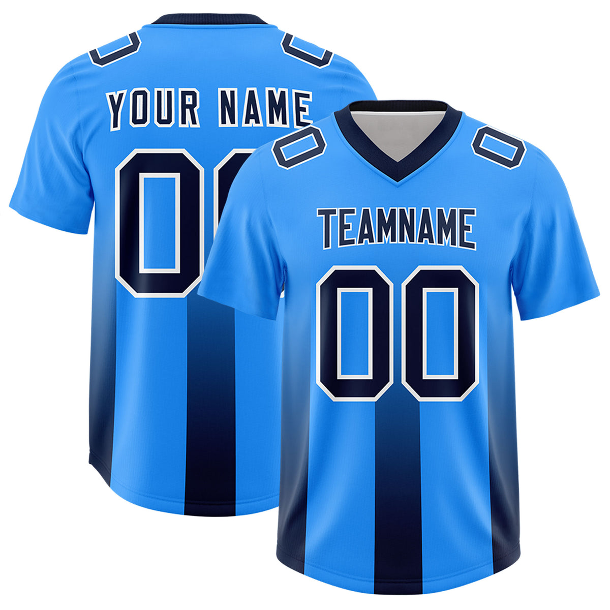 Custom Light Blue Navy Vertical Width Stripe Gradient Fashion Personalized Team Football Jersey