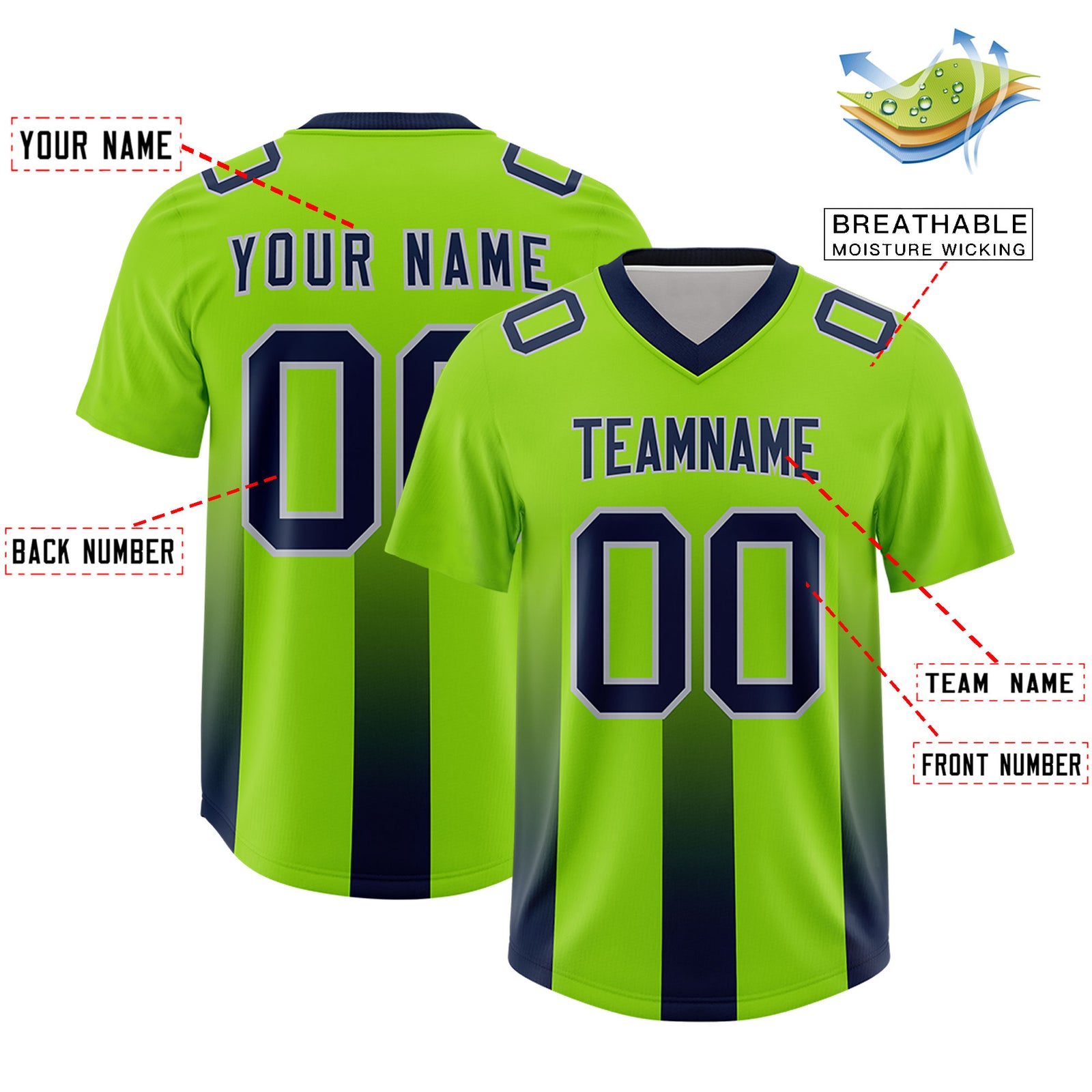 Custom Neon Green Navy Vertical Width Stripe Gradient Fashion Personalized Team Football Jersey