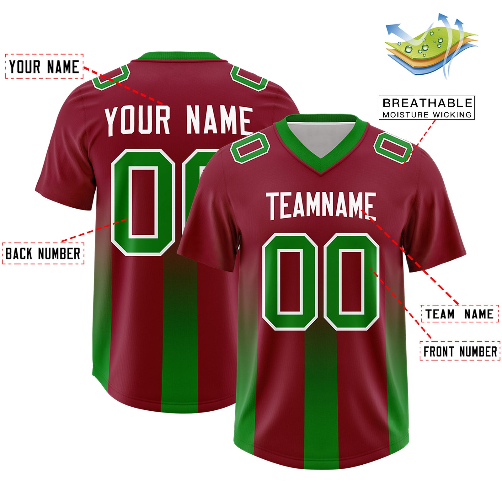 Custom Cardinal Kelly Green Vertical Width Stripe Gradient Fashion Personalized Team Football Jersey