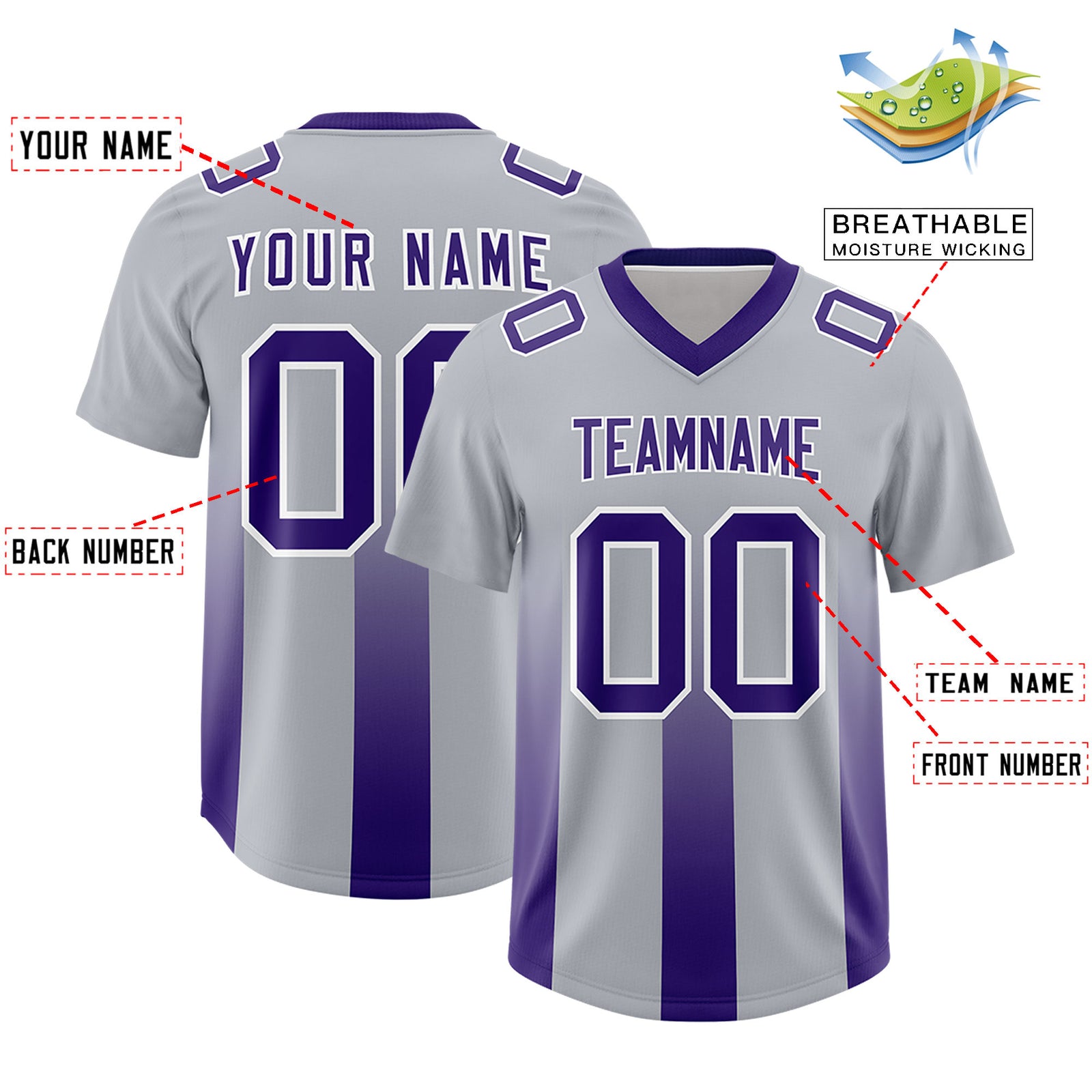 Custom Gray Purple Vertical Width Stripe Gradient Fashion Personalized Team Football Jersey