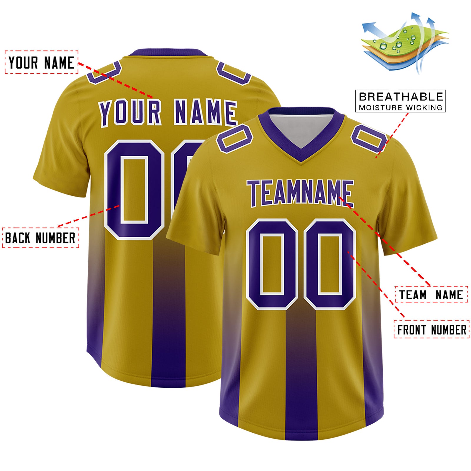 Custom Old Gold Purple Vertical Width Stripe Gradient Fashion Personalized Team Football Jersey