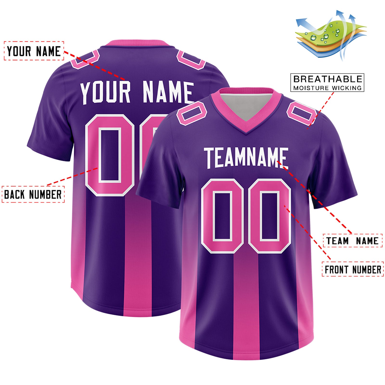 Custom Purple Pink Vertical Width Stripe Gradient Fashion Personalized Team Football Jersey