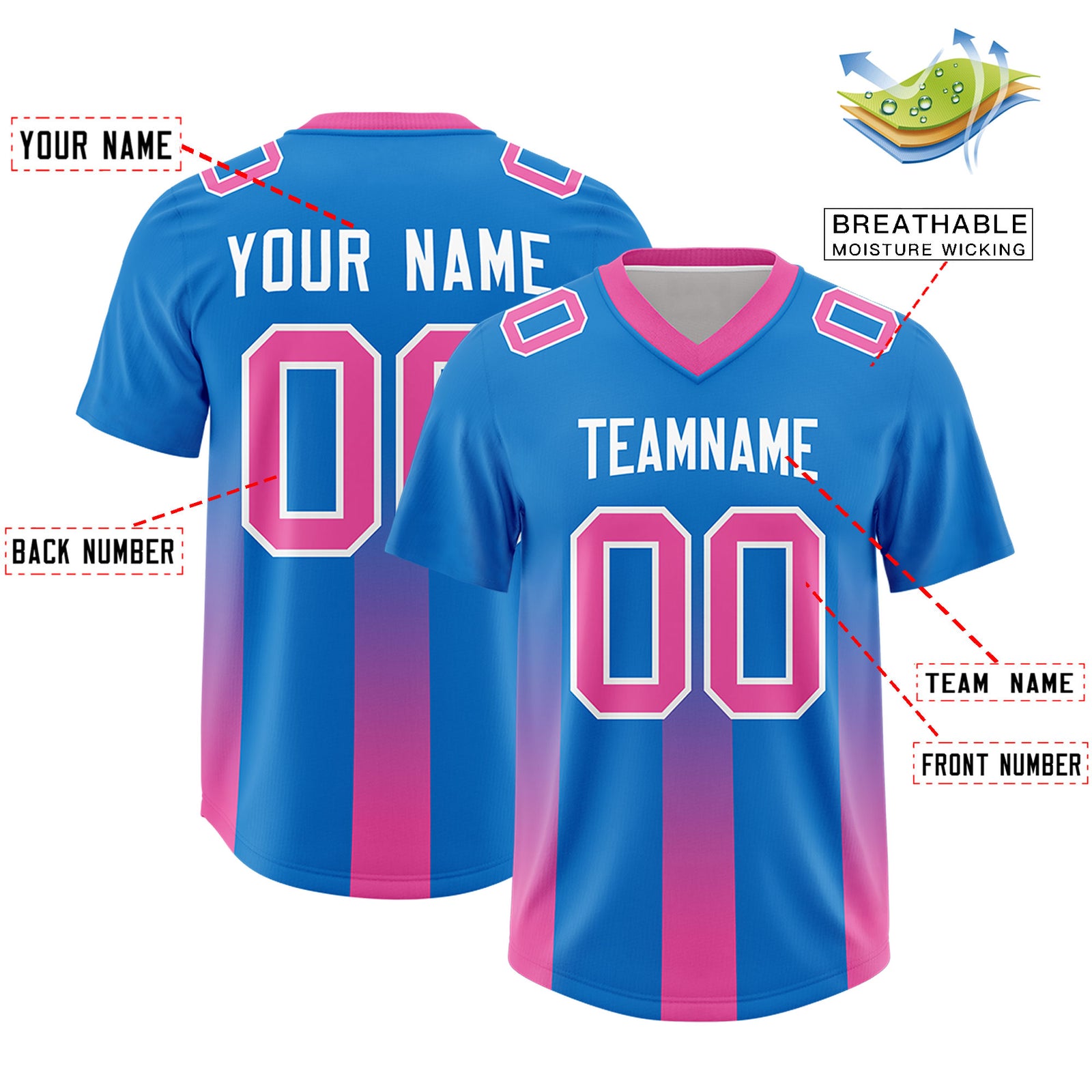 Custom Royal Pink Vertical Width Stripe Gradient Fashion Personalized Team Football Jersey