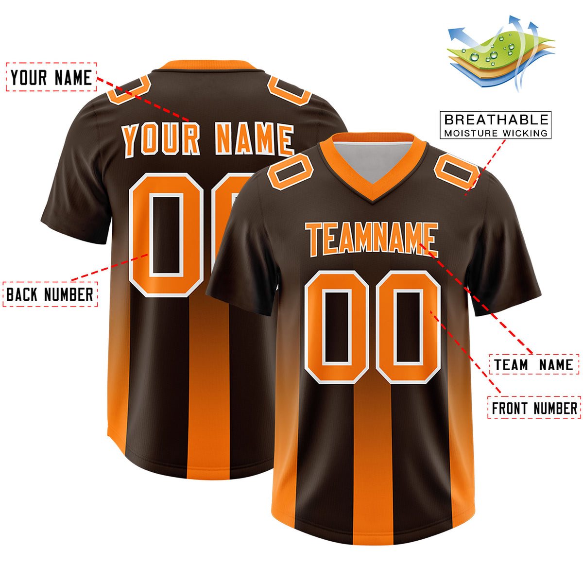 Custom Brown Orange Vertical Width Stripe Gradient Fashion Personalized Team Football Jersey