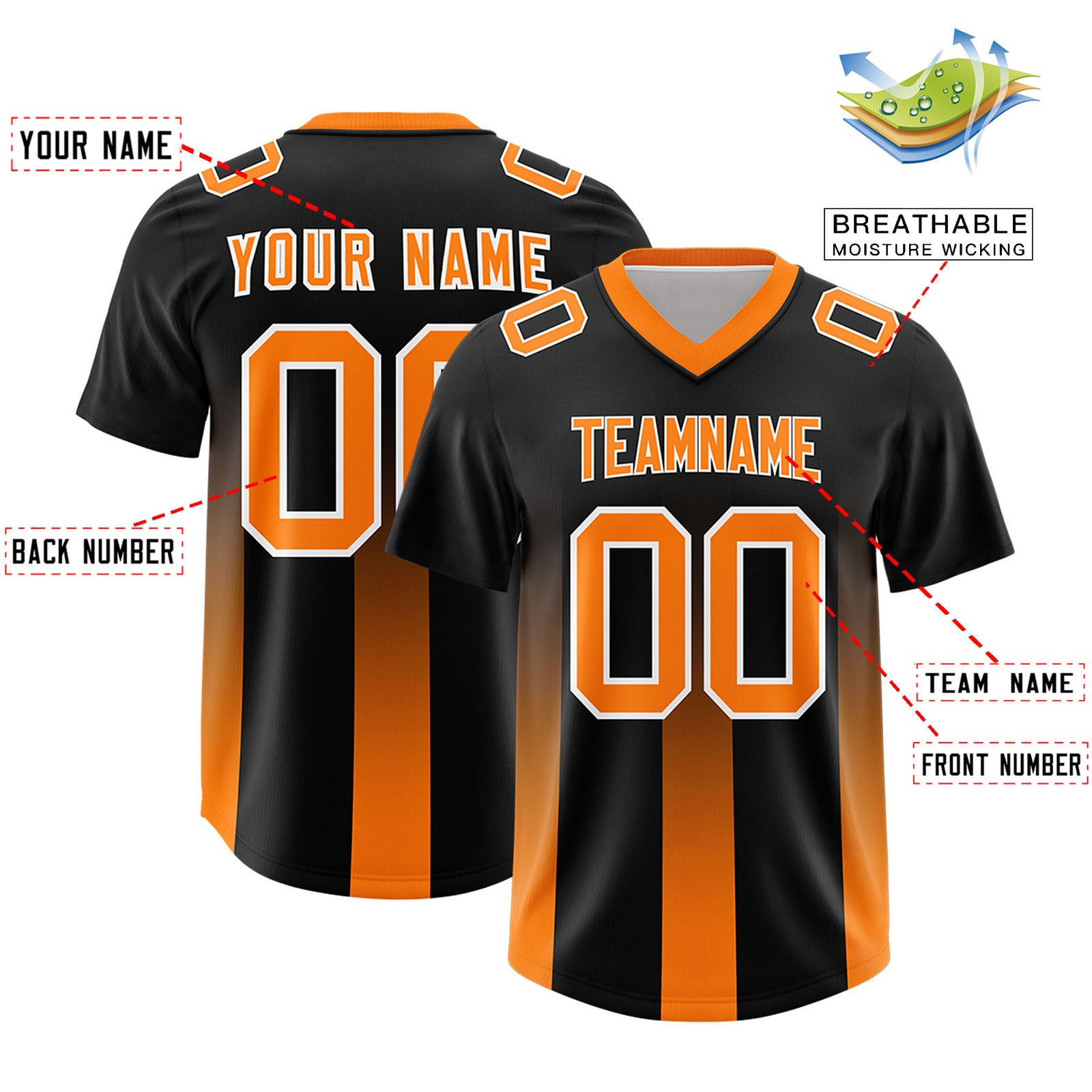 Custom Black Orange Vertical Width Stripe Gradient Fashion Personalized Team Football Jersey