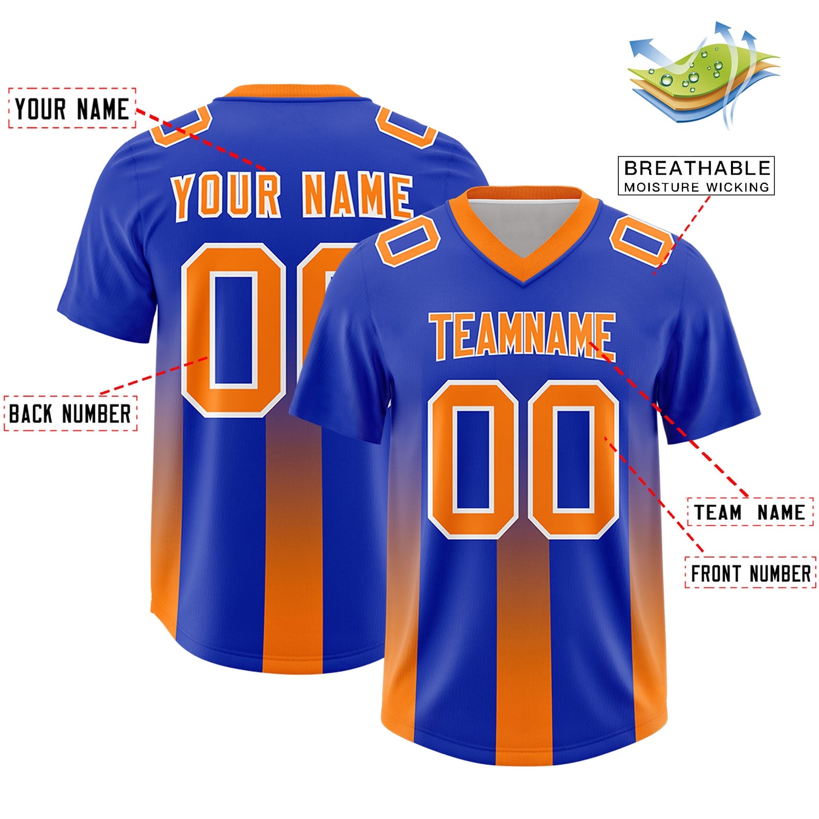 Custom Royal Orange Vertical Width Stripe Gradient Fashion Personalized Team Football Jersey