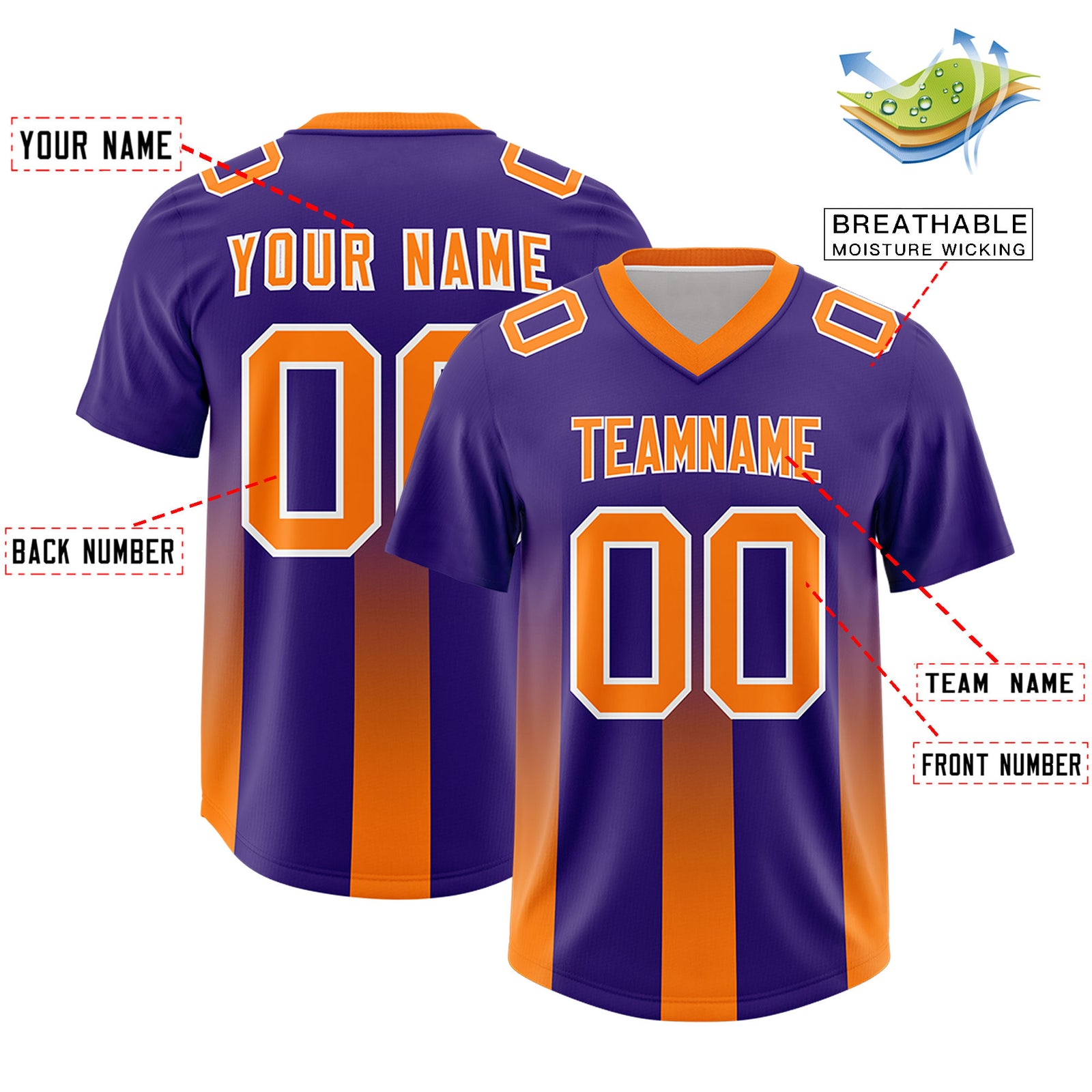 Custom Purple Orange Vertical Width Stripe Gradient Fashion Personalized Team Football Jersey