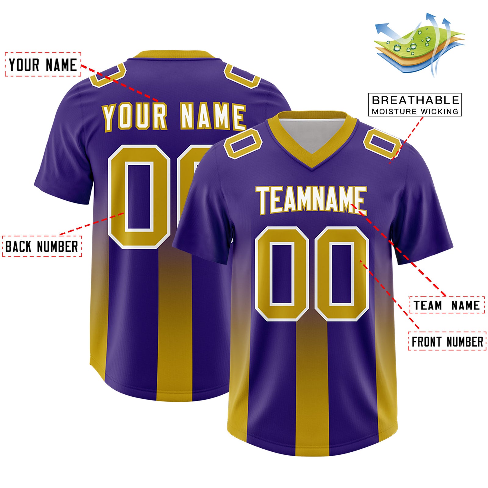Custom Purple Old Gold Vertical Width Stripe Gradient Fashion Personalized Team Football Jersey